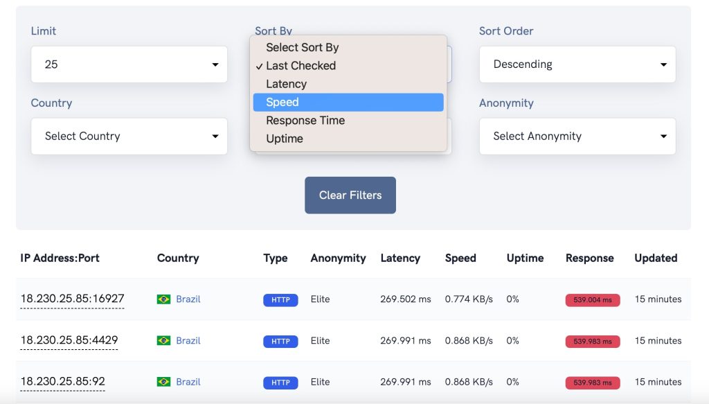 Real-time filtering interface