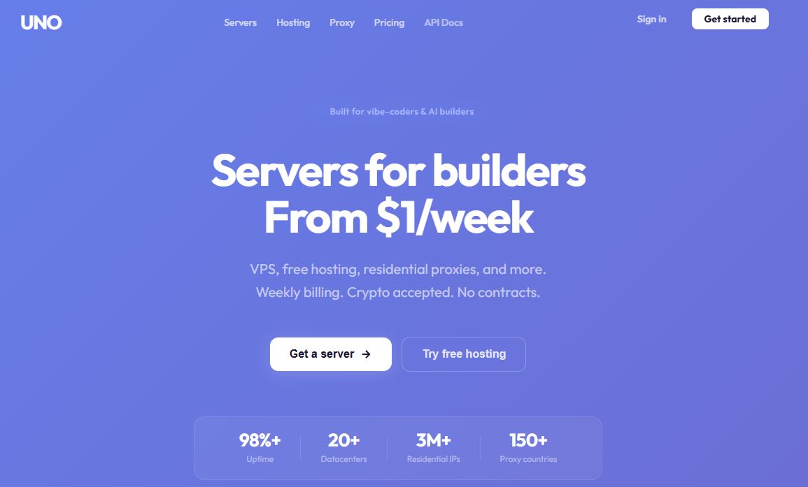 GetUno.xyz platform dashboard showing VPS, proxy and hosting services