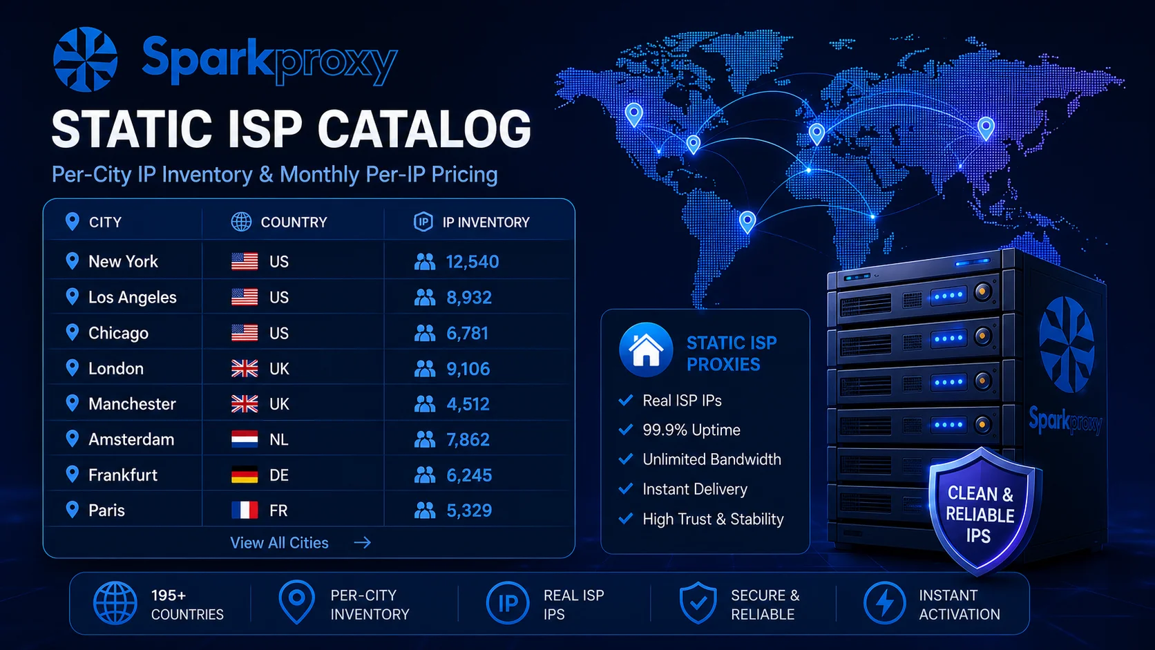 SparkProxy static ISP catalog showing per-city IP inventory counts and monthly per-IP pricing