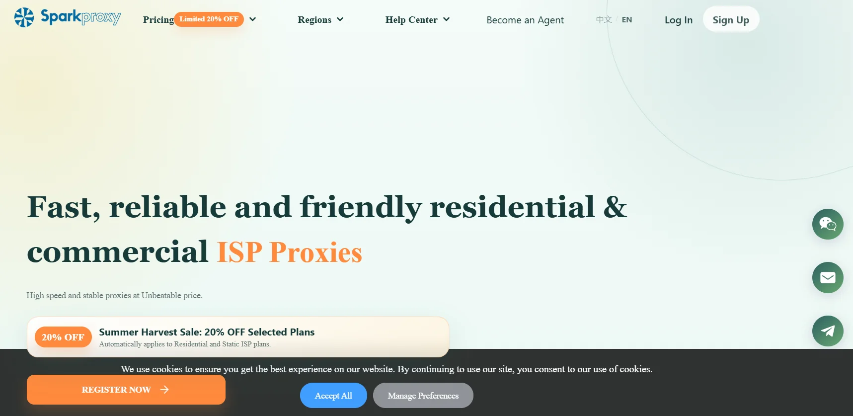 SparkProxy pricing dashboard showing residential tiers with 20% off Summer Harvest discount