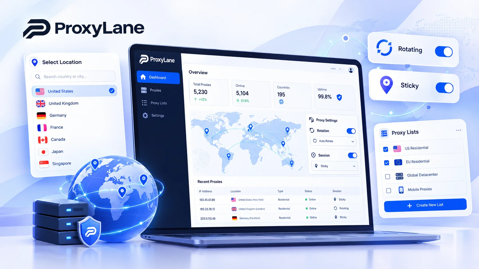 ProxyLane dashboard with location selector, rotating and sticky session controls, and reusable proxy lists